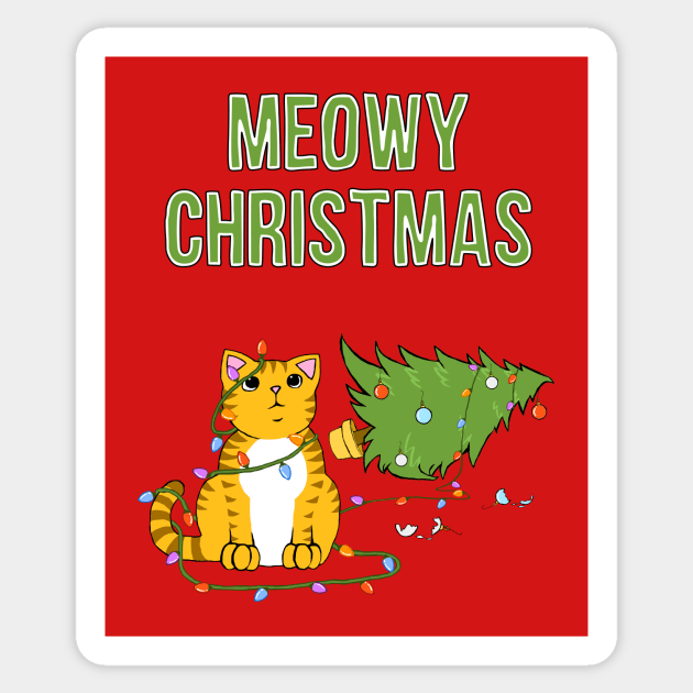 Meowy Christmas Tabby Cat Knocked Over Xmas Tree Sticker by xenotransplant